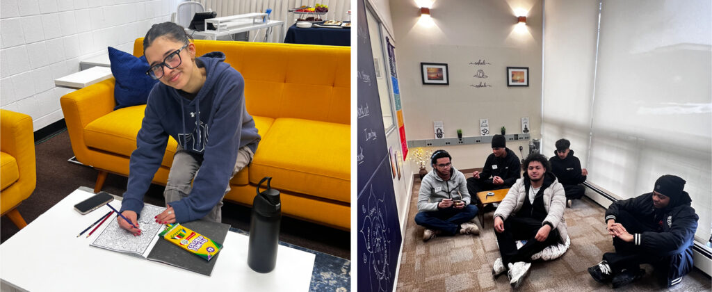 Left photo is of a femal student coloring a book Right photo is a group of five male students meditating