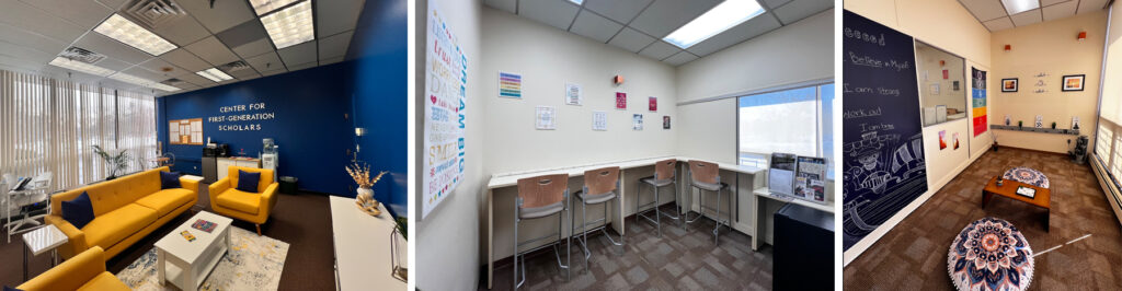 Three photos of rooms. From left is a lounge area, second is a workspace with tables and chairs and third is a meditation room