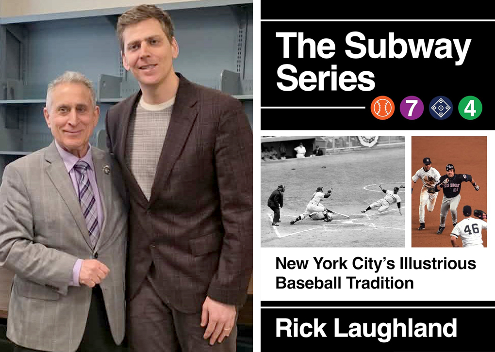 Left photo shows 2 men in suits smiling. Right photo is a cover of the book The Subway Series