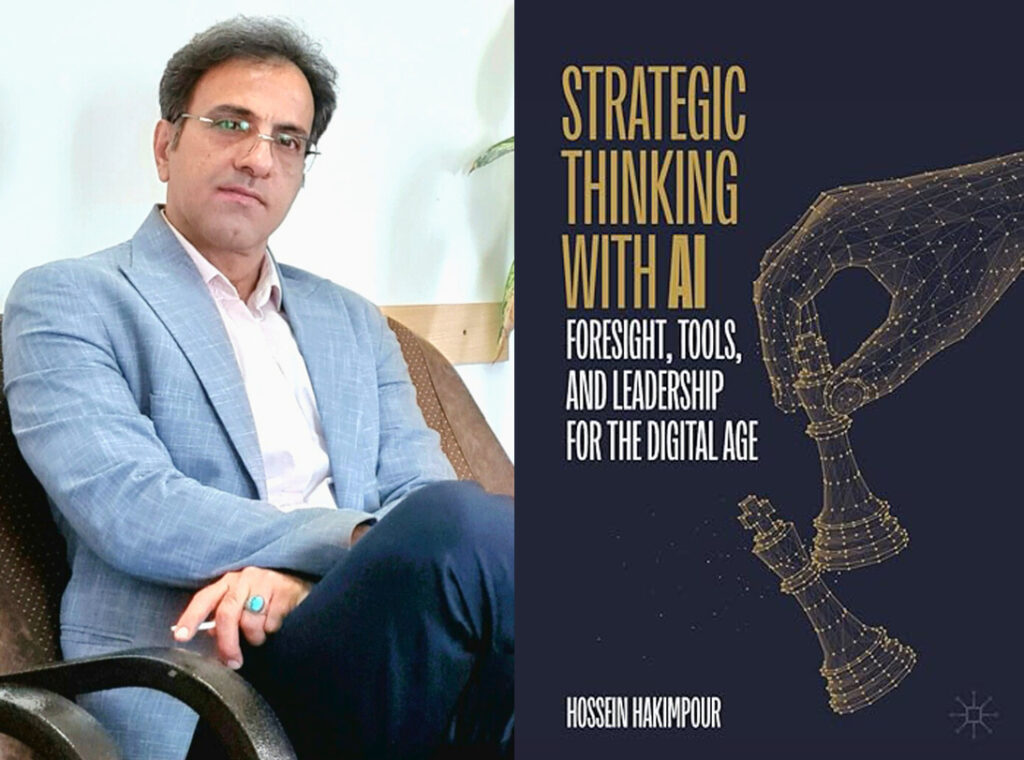 Left photo shows a man seated and right photo shows a book cover.