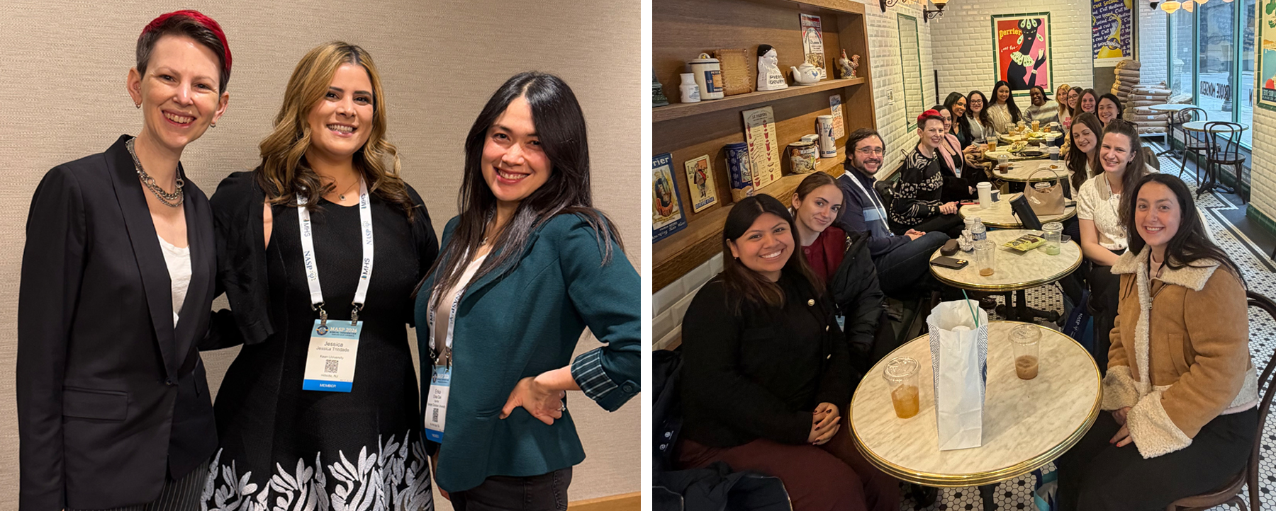 Left photo shows three women smiling. Right photo shows a group of people smiling in a restaurant.