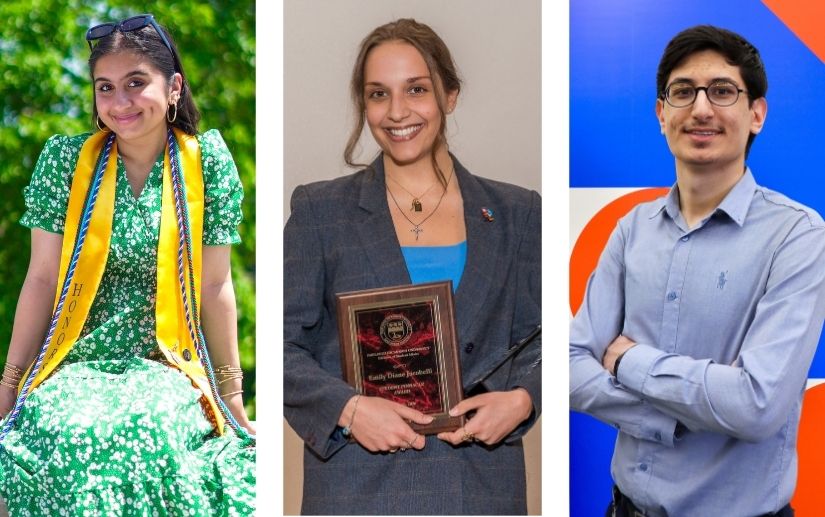 A trio of three portraits of two women and one man.