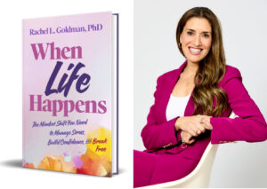 Left photo is a book cover and right photo is of a smiling woman who is seated and is wearing a magenta blazer and skirt
