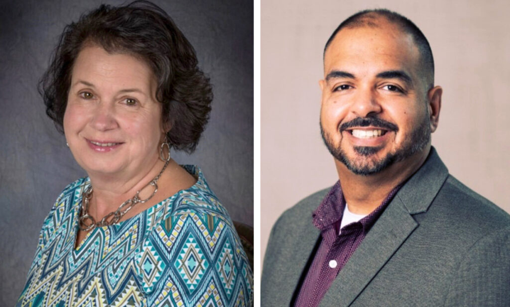 Left photo is a smiling woman wearing a printed turquoise top. Right photo is a smiling man wearing a gray blazer and a maroon shirt.