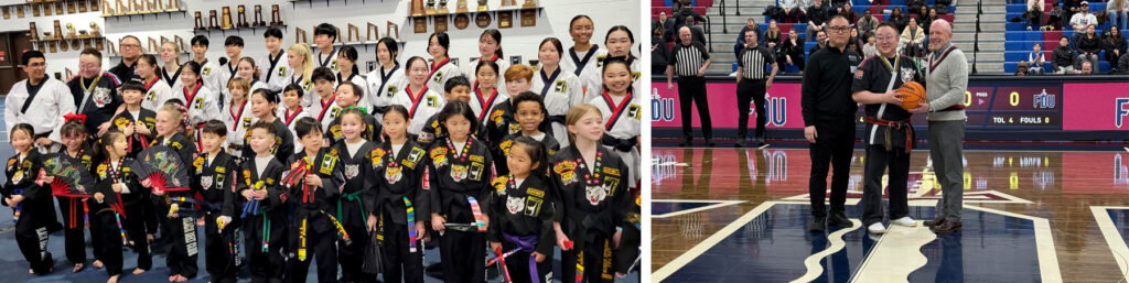 Left photo shows a group of children wearing Martial Arts uniforms. Right photo shows three men on the basketball court with the man in the middle holding a ball.