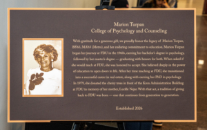 A commemorative plaque honoring Marion Turpan, FDU alumna and benefactor.