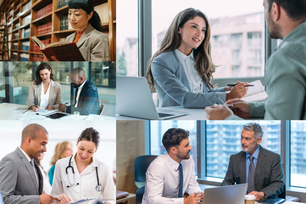 A five-panel collage showing various professional scenes: a woman reading in a library with bookshelves; business professionals in meetings reviewing documents and using laptops; colleagues collaborating in modern office spaces with large windows; and a healthcare professional consulting with a business professional.