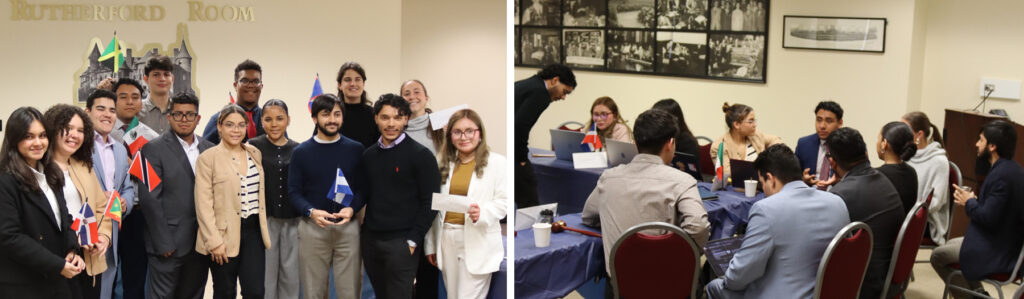Two photos combined. Left photo shows a group of smiling students, some of them holding mini flags of different countries. Right photo shows a group of students sitting around at a table talking and discussing.