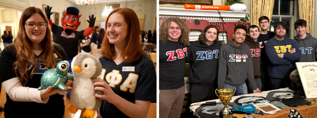 Left photo shows two smiling women holding turtle and owl stuffed toys. Right photo is a group of smiling men wearing ZBT hoodies behind a desk.
