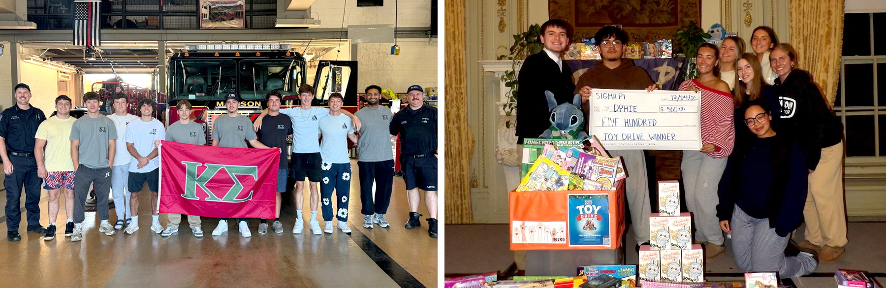 Left photo shows a group of male students holding their fraternity's banner. With them are two firefighters and they are standing in front of a fire truck. Right photo shows a group of smiling students holding a giant check. In front of them are different toys they collected for a toy drive.