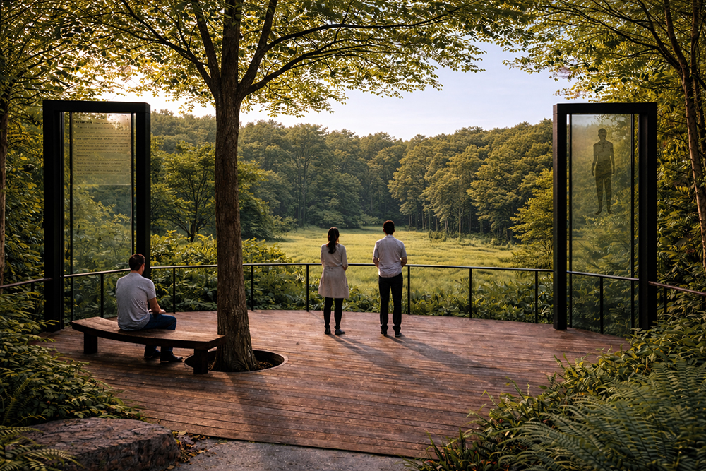 A rendering shows a garden with green trees, and visitors taking in the peaceful scenery. 