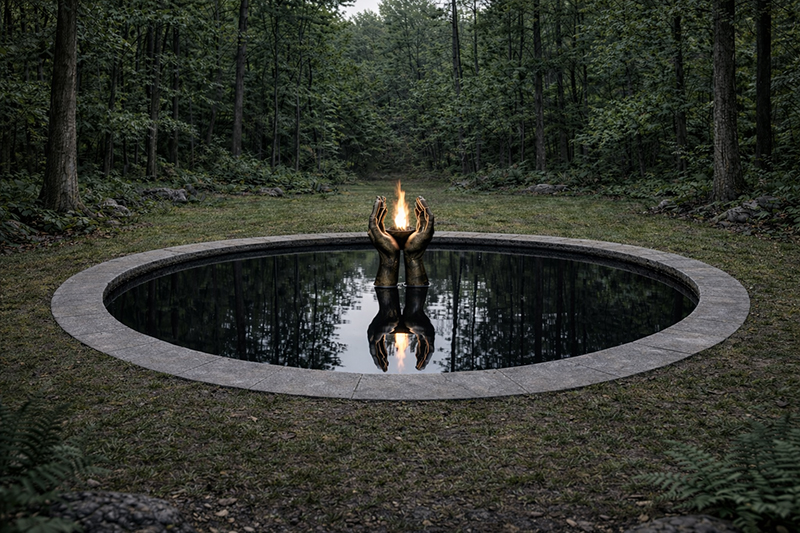 A rendering of a small pond with a hand sculpture and flame.