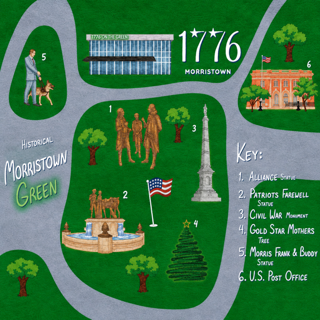 An illustrated map of the Morristown Green.