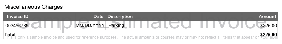 A table titled "Miscellaneous Charges" with columns for Invoice ID, Date, Description, and Amount. A large diagonal watermark reading "Sample Estimated Invoice" is superimposed over the text. The table lists a single item: Invoice ID: 003456789 Date: MM/DD/YYYY Description: Parking Amount: $225.00 The Total at the bottom is listed as $225.00.