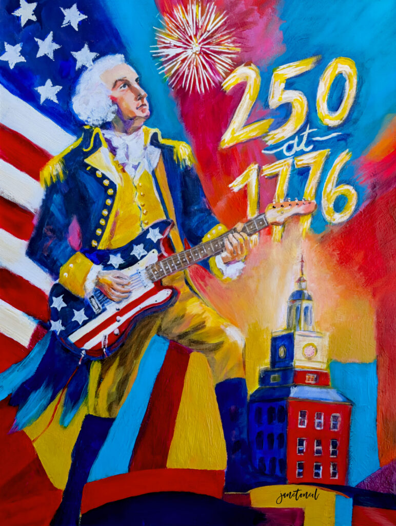 A painting depicts George Washington as a rock star playing electric guitar.