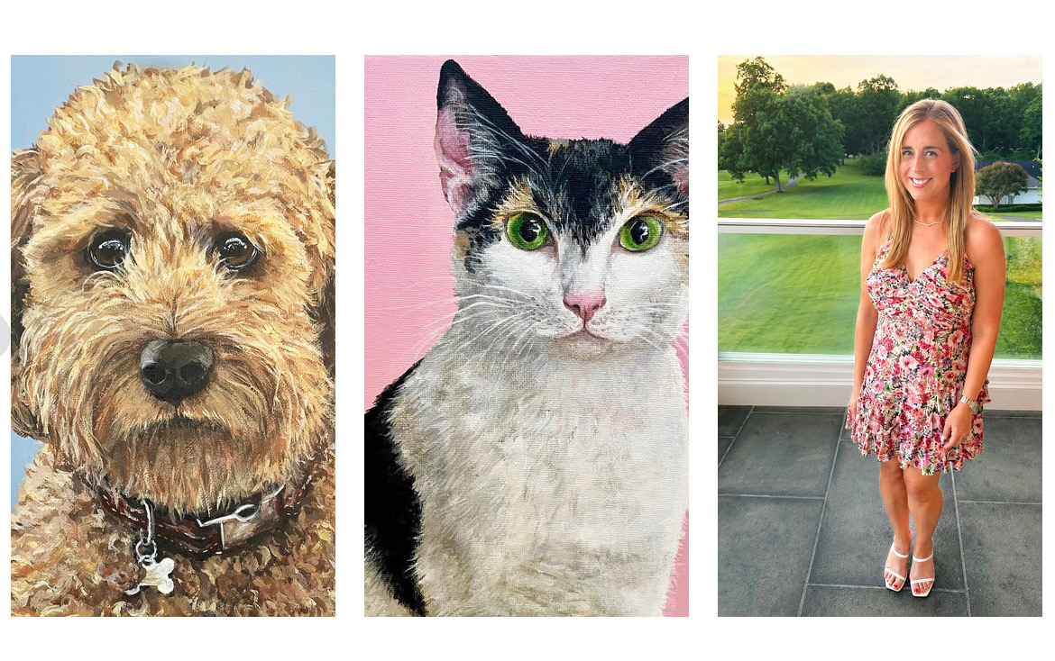 A close up of an artist and two animal illustrations.
