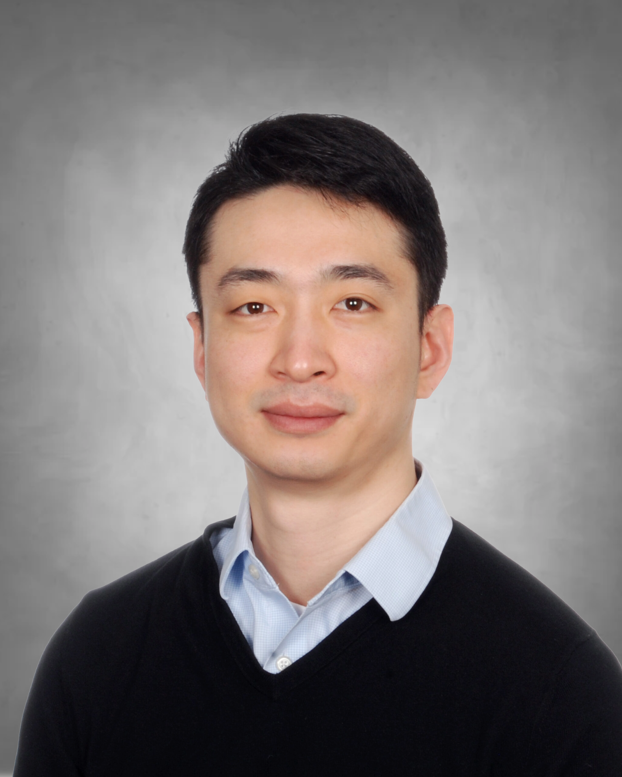 A professional headshot of a person with short dark hair. They are wearing a black v-neck sweater over a light blue collared dress shirt. They have a gentle, pleasant smile and are photographed against a neutral gray background.