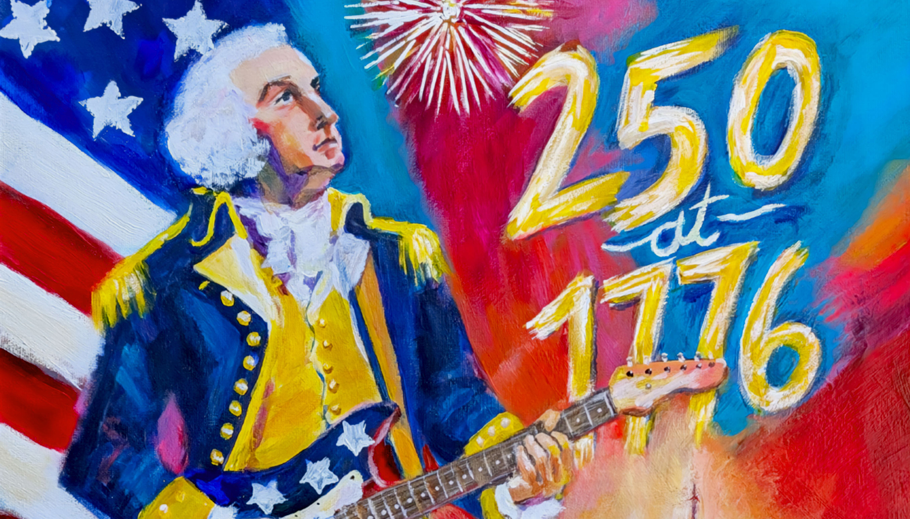 A painting depicts George Washington as a rock star playing electric guitar.