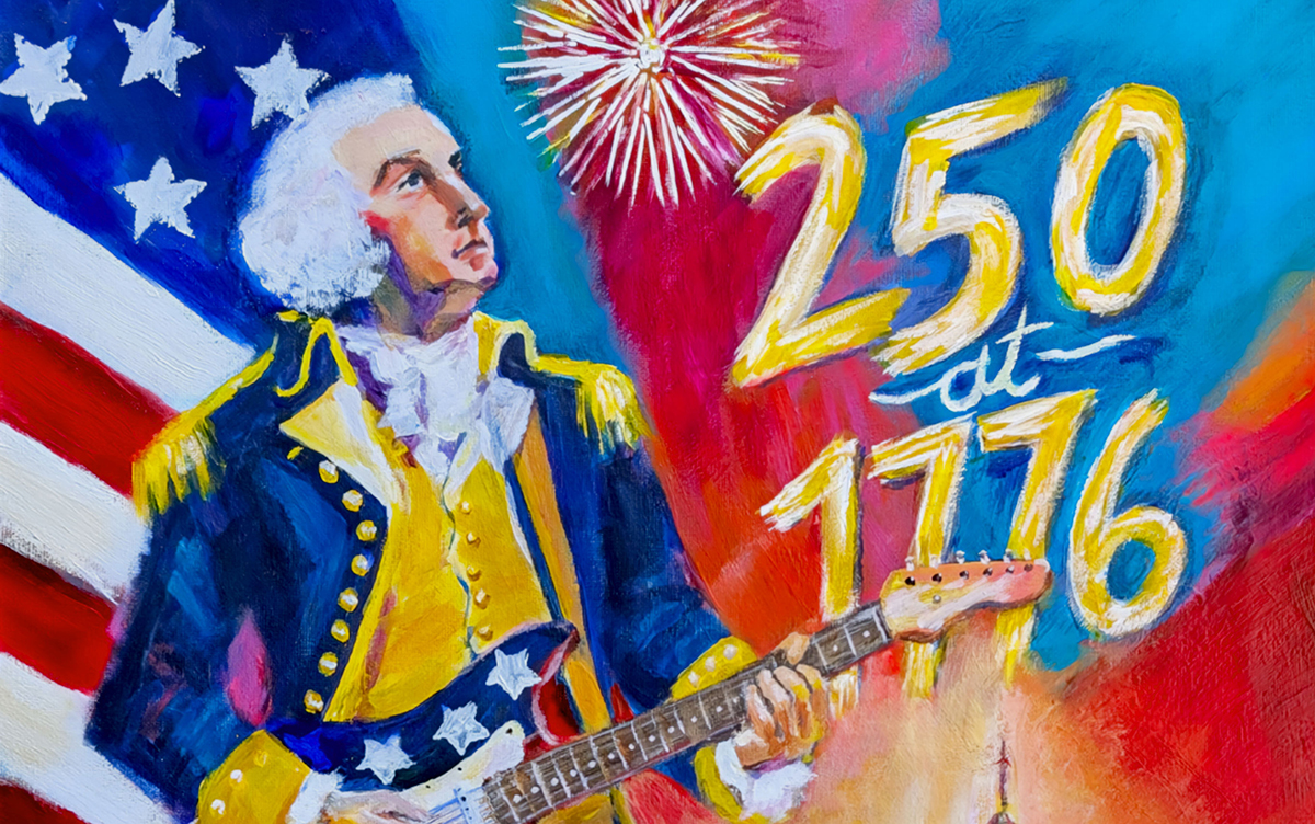 A painting depicts George Washington as a rock star playing electric guitar.