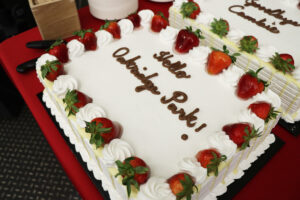 Decorated cake with the words “Hello Oakridge Park.”