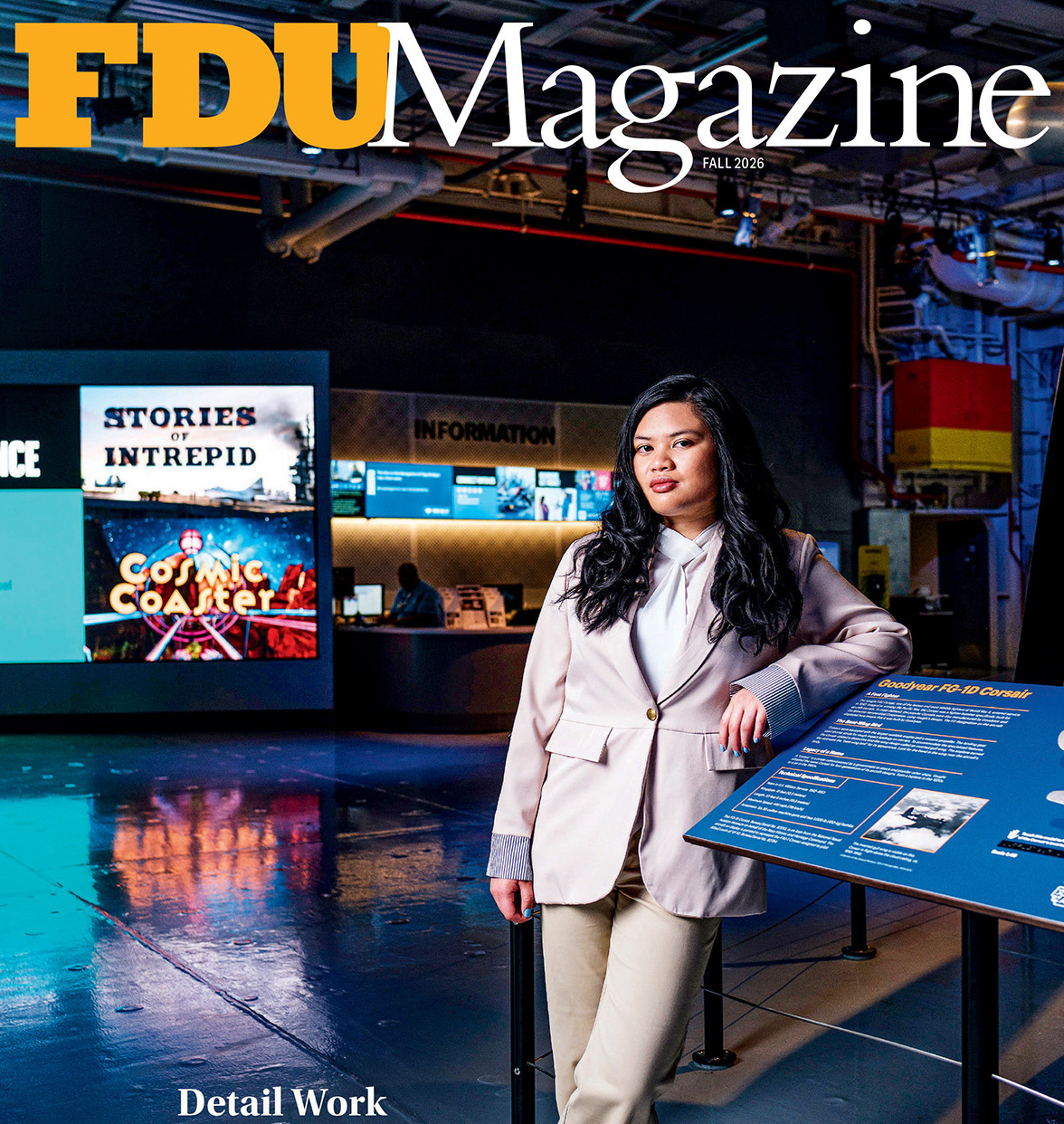 The Fall 2026 cover of FDU Magazine shows a woman standing in a museum.