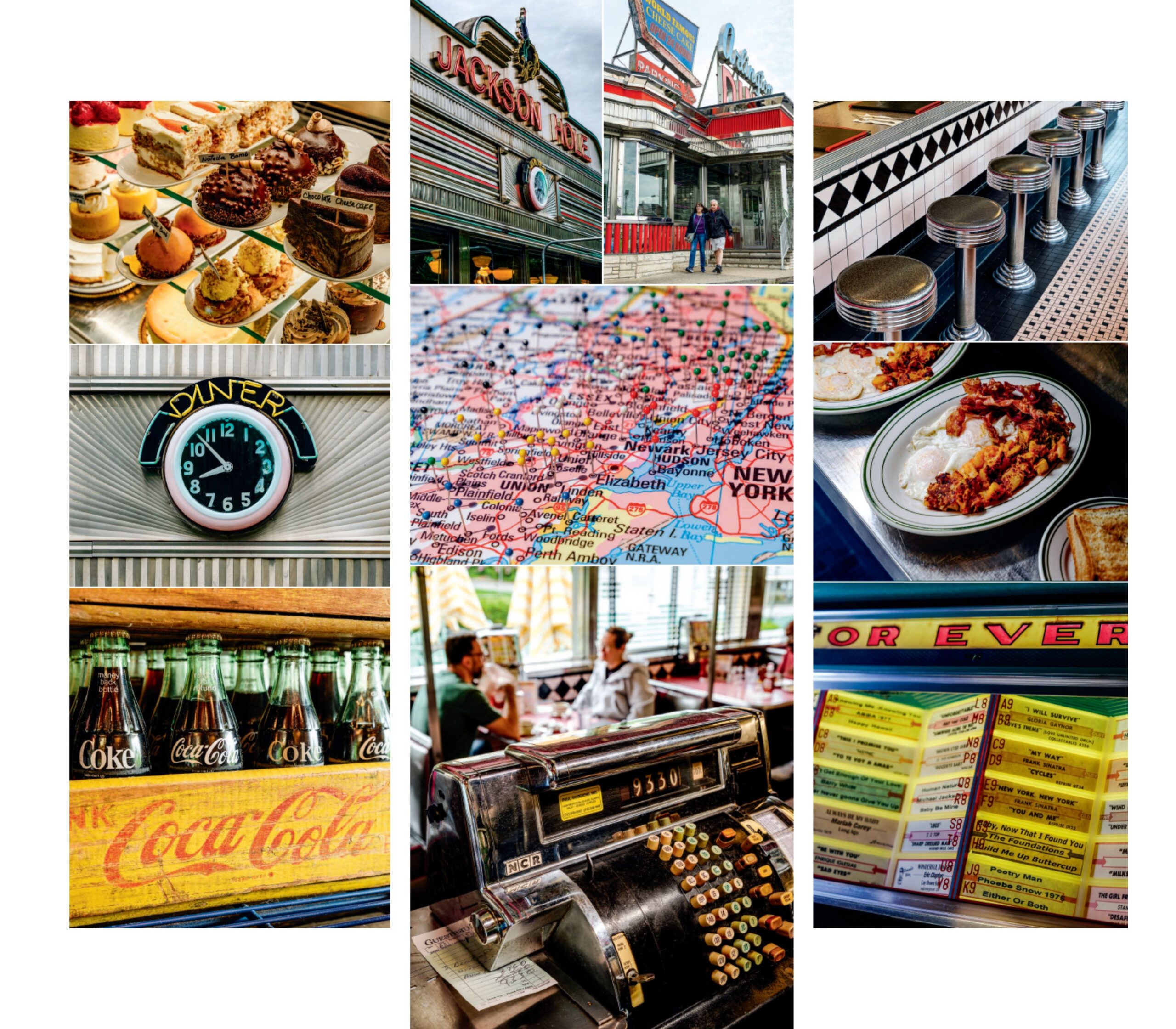 A collage of nine photos showing details of vintage diners including breakfast plates, counter stools, a jukebox, old-fashioned Coke bottles and more.