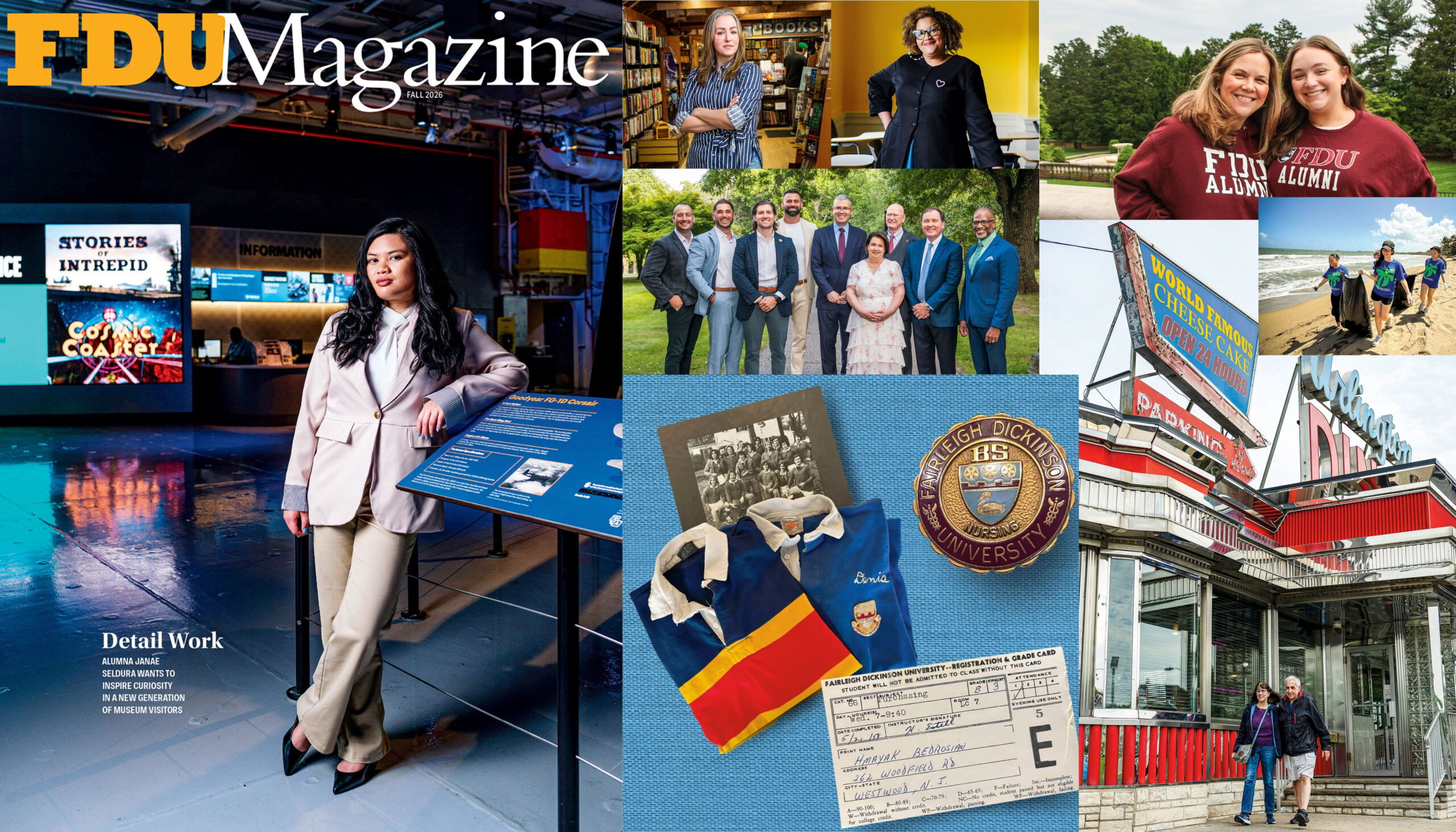 a collage of photos from FDU Magazine. photos depict alumni, college mementos, FDU sweatshirts and a NJ diner.