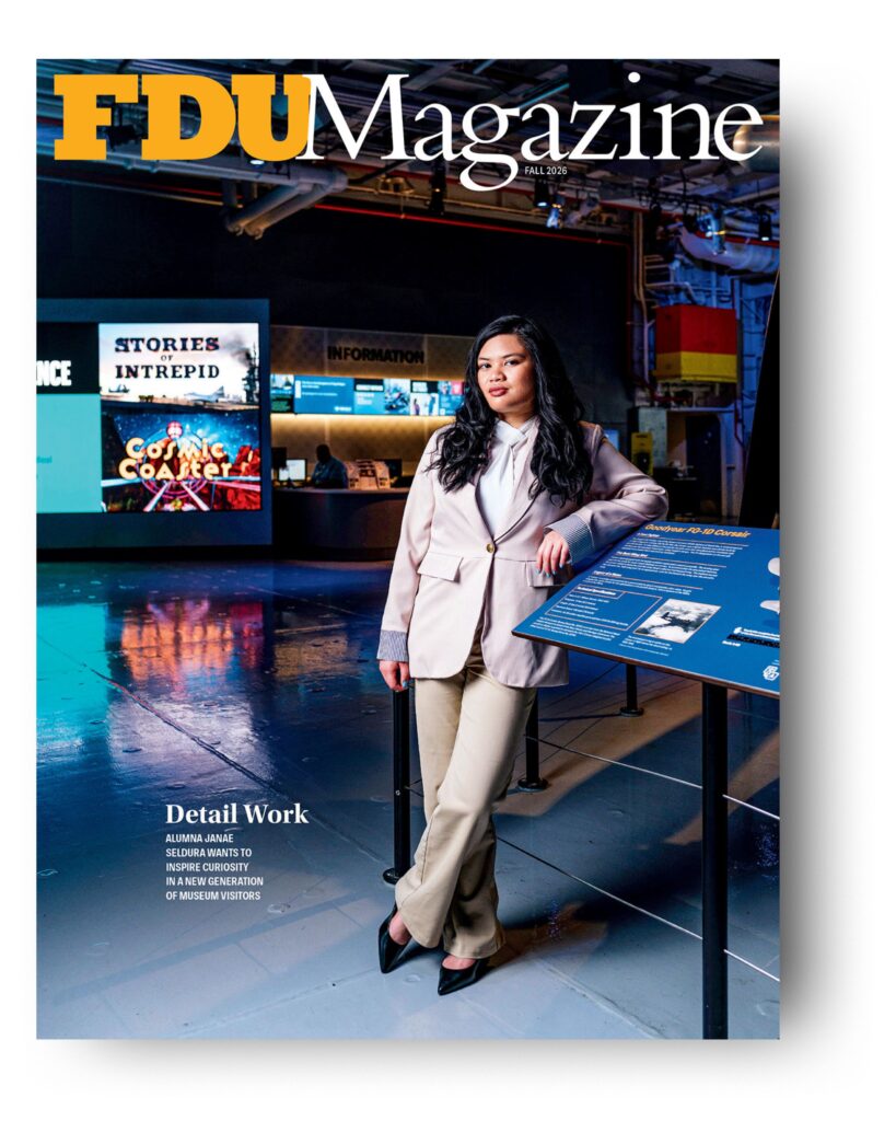 The Fall 2026 cover of FDU Magazine shows a woman standing in a museum.