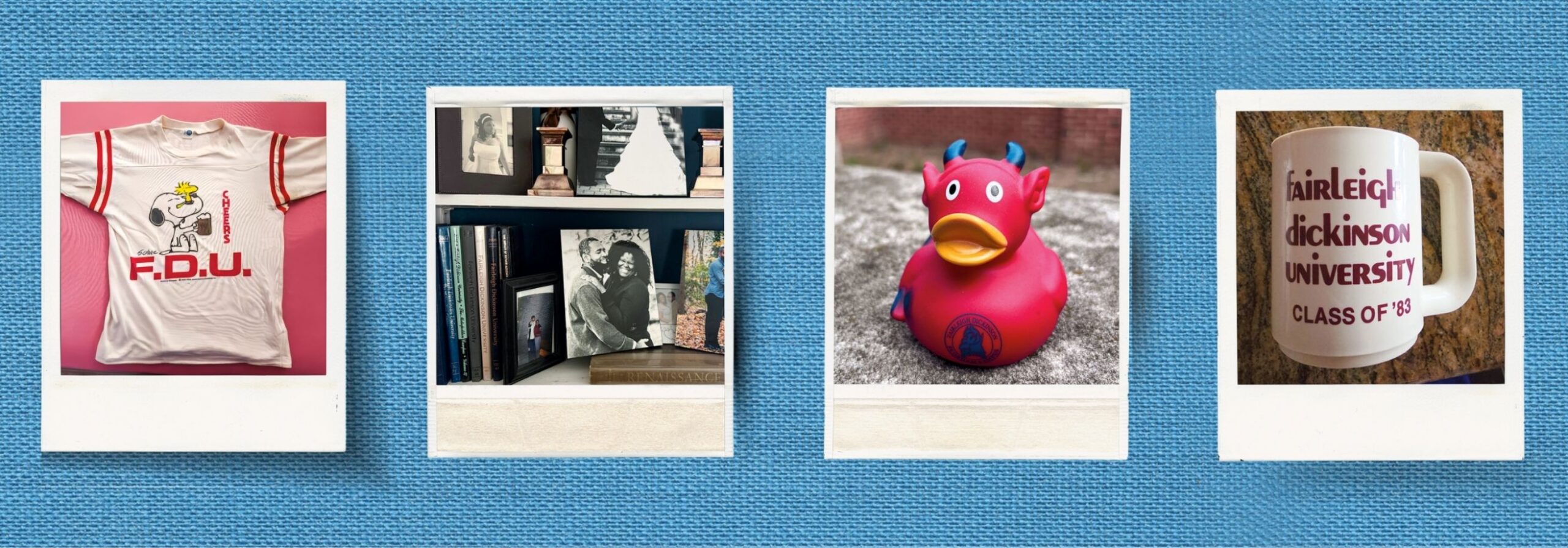 Polaroids of college mementos including yearbooks, a mug, a devil rubber ducky and a Snoopy T-shirt.