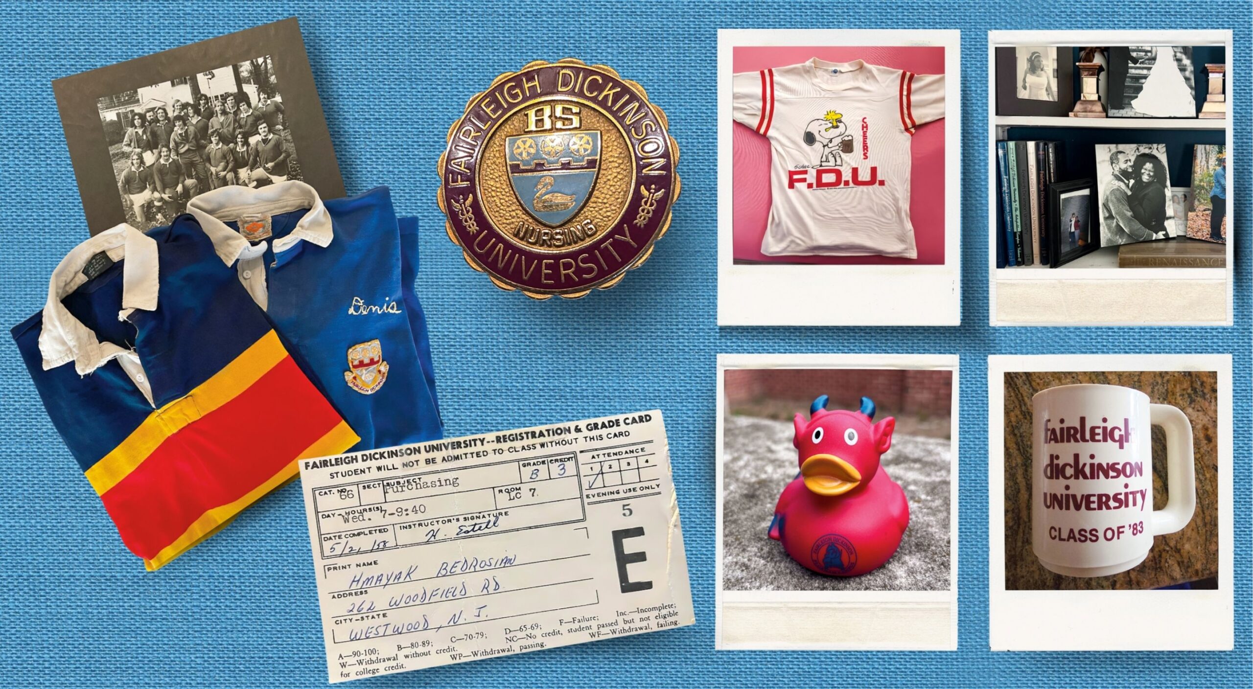 College mementos including: shirts, a pin, a mug, an old-fashioned report card.