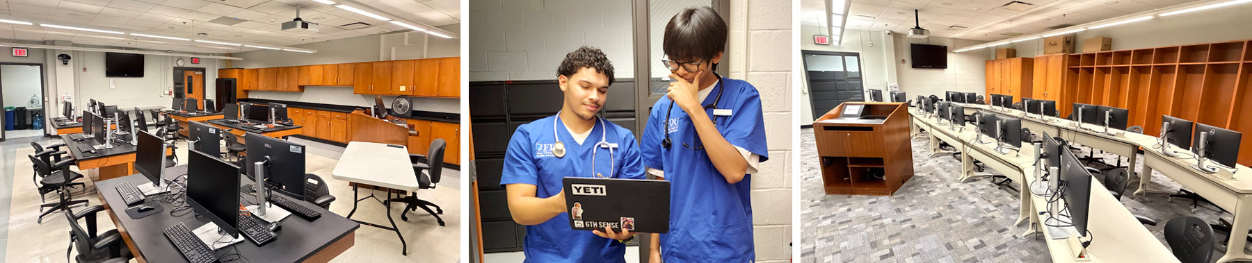 Three photos. Photos of rooms on the left and right. Center photo aNursing students Jaiden Estrella, left, and Jose Santiago,