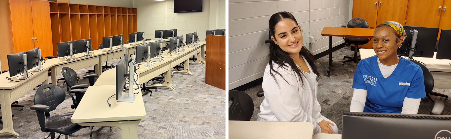 Left photo is the ChartSmart Lab, with a row of monitors on desks. Right photo are Florham Campus nursing students, from left, Nayanna Miranda and A’janea Dunson