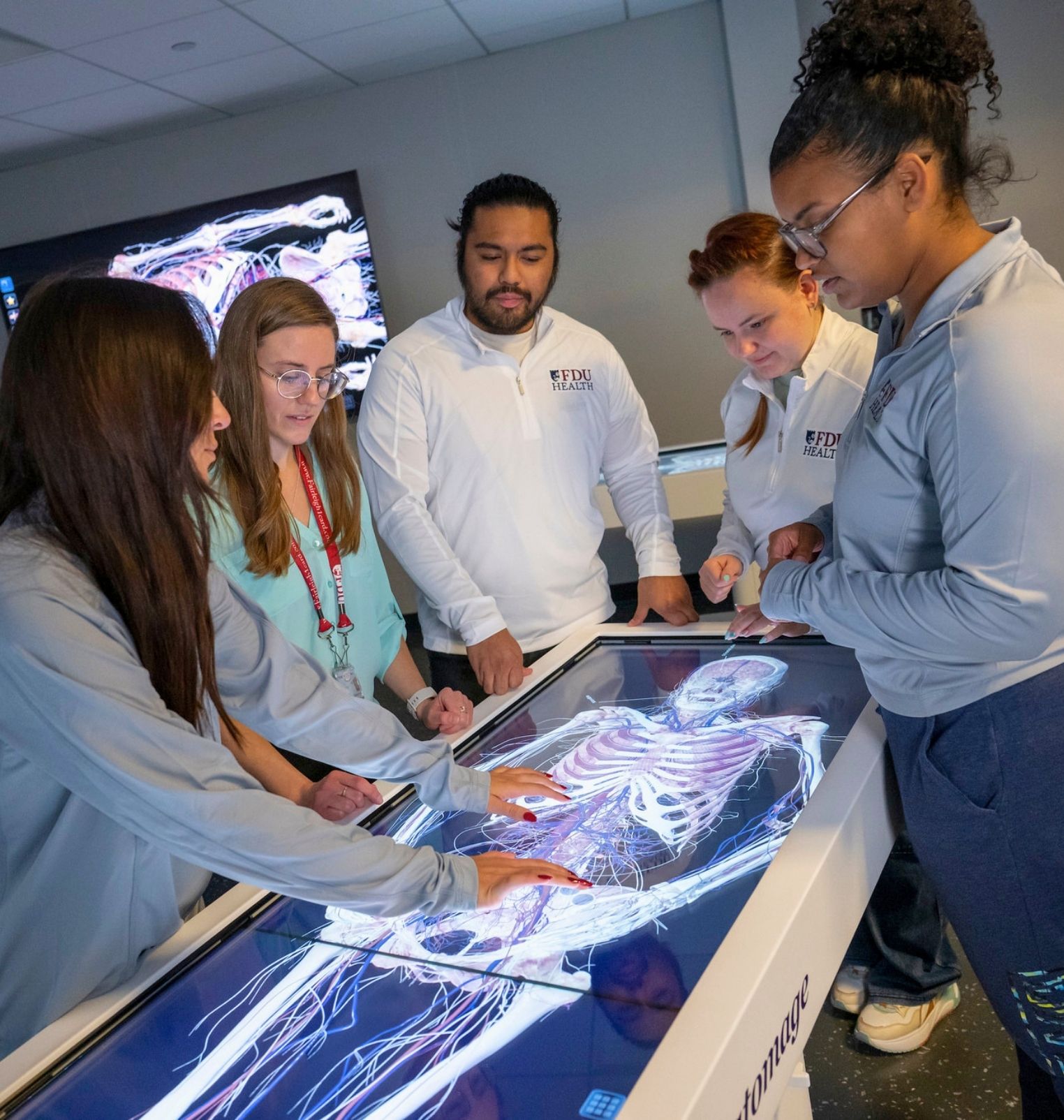 college students and a professor look down at a screen with a digital model of a human skeleton muscle system.